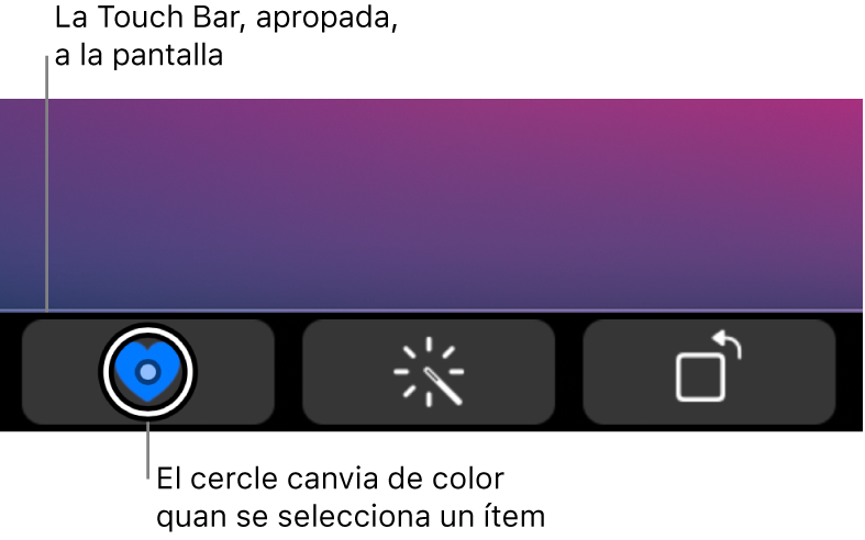 Touch Bar amb el zoom activat a la part inferior de la pantalla; el cercle que apareix sobre un botó canvia quan se selecciona el botó.