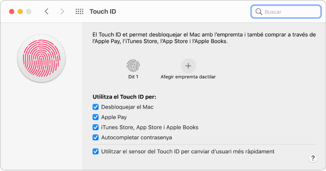 El tauler de preferències del Touch ID amb una empremta dactilar preparada que es pot fer servir per desbloquejar el Mac.