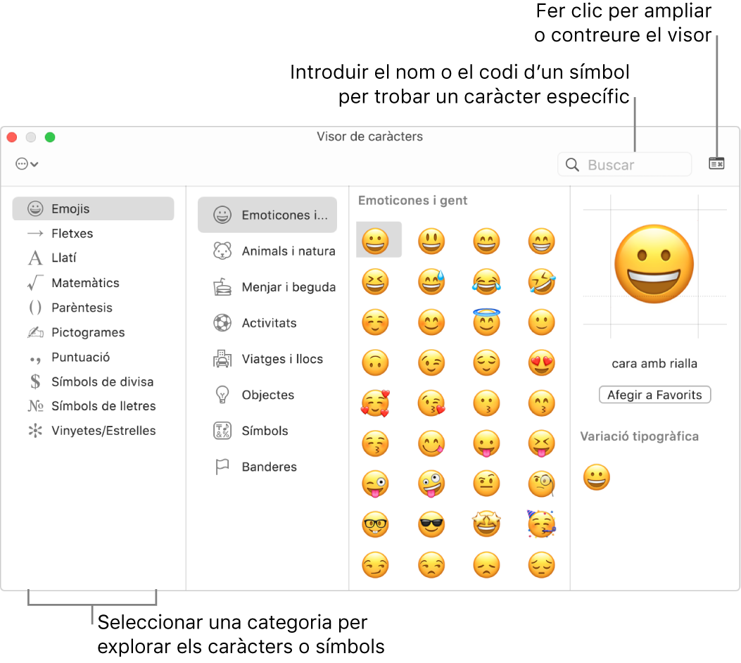 La finestra del visor de caràcters. Selecciona una categoria a l’esquerra per explorar caràcters o símbols. Al camp de cerca, introdueix el nom o el codi d’un símbol per trobar un caràcter específic. A la cantonada superior dreta, fes clic per expandir o contreure el visor.