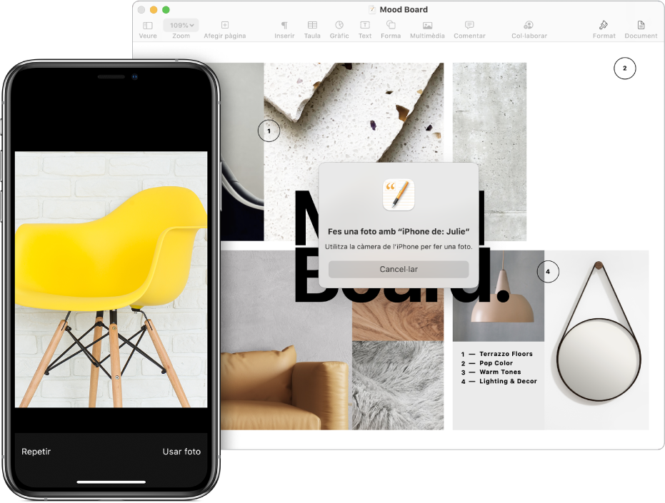 Una foto a un iPhone i la mateixa foto inserida a un document d’un Mac.