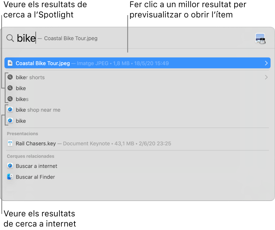 La finestra de l’Spotlight mostrant el text de cerca al camp de cerca a la part superior de la finestra i els resultats a sota.
