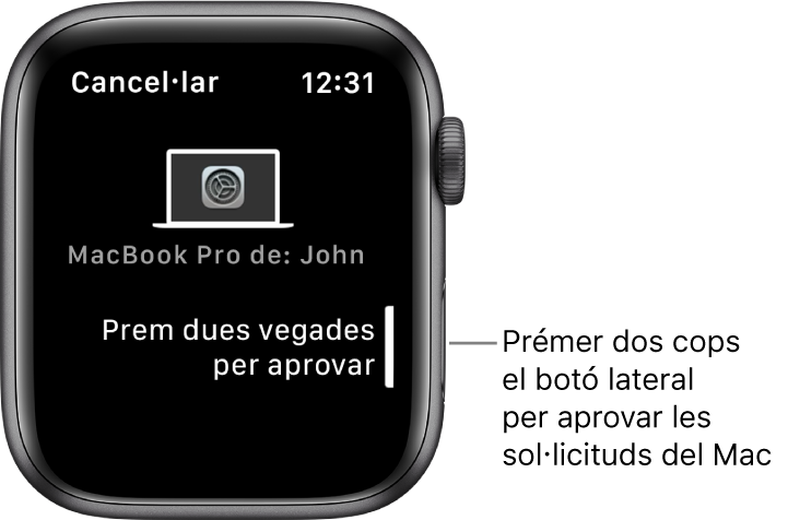 Apple Watch on es mostra una sol·licitud d’aprovació d’un MacBook Pro.