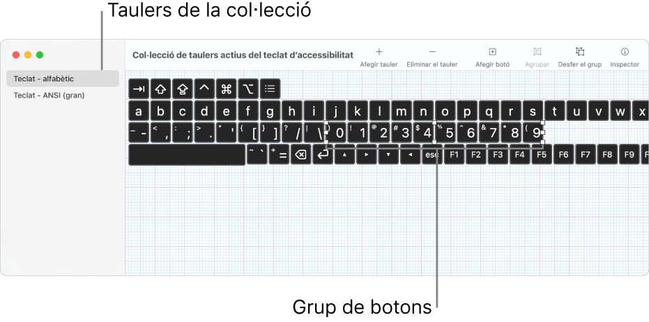 Fragment d’una finestra de col·lecció de taulers, que mostra una llista de taulers de teclat a l’esquerra i, a la dreta, els botons i els grups continguts en un tauler.