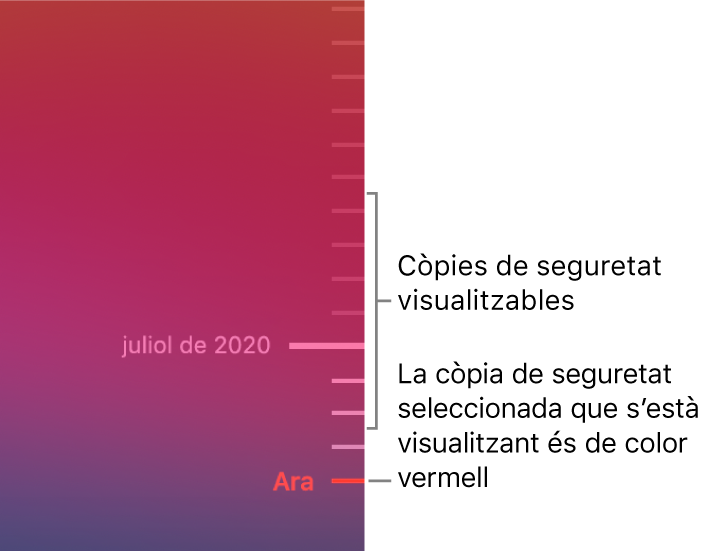 Marques de selecció a la cronologia de les còpies de seguretat. La marca de selecció de color vermell indica la còpia de seguretat que estàs explorant.