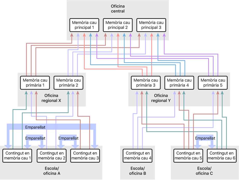 Una xarxa amb moltes memòries cau de contingut, organitzades segons una jerarquia de tres nivells que té memòries cau de contingut de nivell superior i d’un nivell situat encara més amunt que aquest. Només les memòries cau de contingut del nivell més baix de la jerarquia tenen definides memòries cau del mateix nivell.