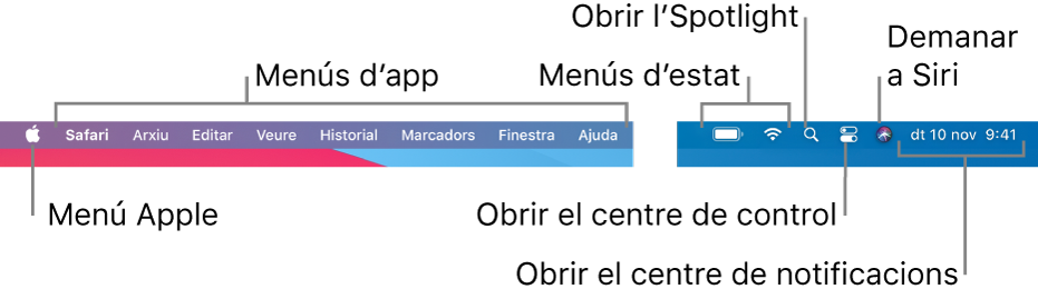 La barra de menús. A l’esquerra hi ha el menú Apple i els menús de les apps. A la dreta hi ha els menús d’estat i les icones de l’Spotlight, el centre de control, Siri i el centre de notificacions.