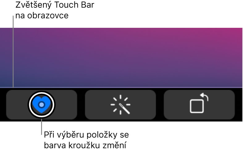 Zvětšený Touch Bar u dolního okraje obrazovky; kroužek kolem tlačítka se při výběru tlačítka mění.