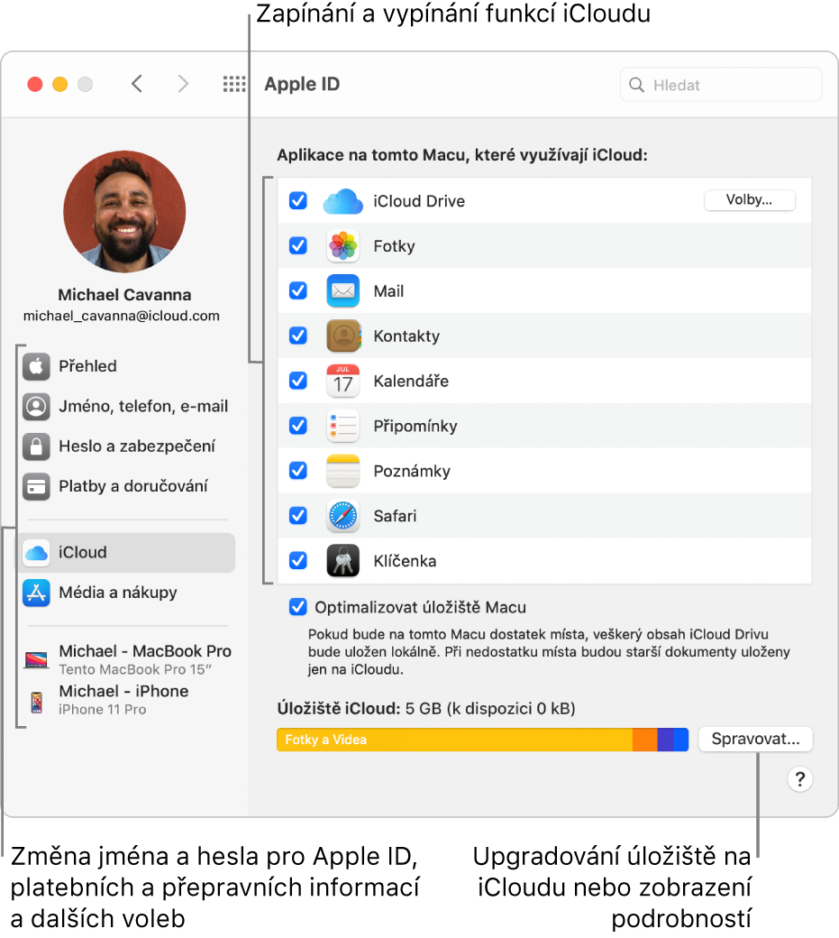 Okno předvoleb iCloud, v němž jsou všechny funkce vybrané