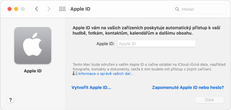 Dialogové okno Apple ID s polem pro zadání Apple ID. Odkaz Vytvořit Apple ID vám umožní vytvoření nového Apple ID.