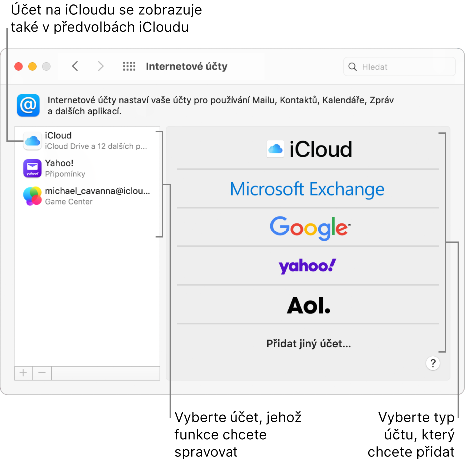 Předvolby Internetové účty s účty uvedenými vpravo a dostupné typy účtů vlevo.