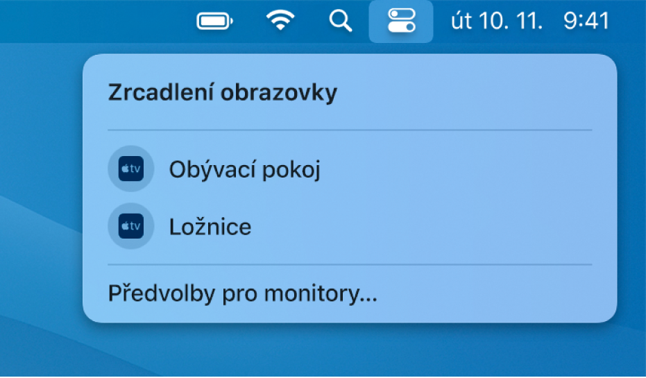 Volby zrcadlení obrazovky (například Apple TV) v seznamu v Ovládacím centru.