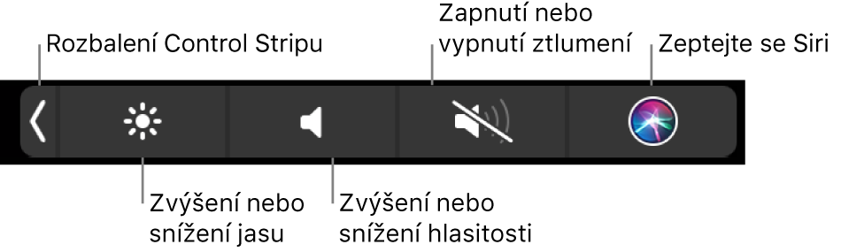 Sbalený Control Strip s tlačítky (zleva doprava) pro rozbalení ovládacího pásu, zvýšení nebo snížení jasu monitoru a hlasitosti, vypnutí nebo zapnutí zvuku a komunikaci se Siri