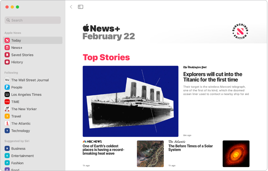 Okno Apple News, v němž je nalevo vidět boční panel a napravo oddíl Top články