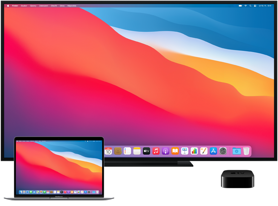 Mac, HDTV a Apple TV nastavené pro AirPlay zrcadlení.