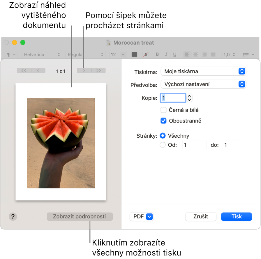 Dialogové okno Tisk s náhledem tiskové úlohy. Kliknutím na tlačítko Zobrazit podrobnosti zobrazíte všechny volby tisku.