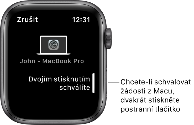 Hodinky Apple Watch se zobrazenou žádostí o schválení z MacBooku Pro
