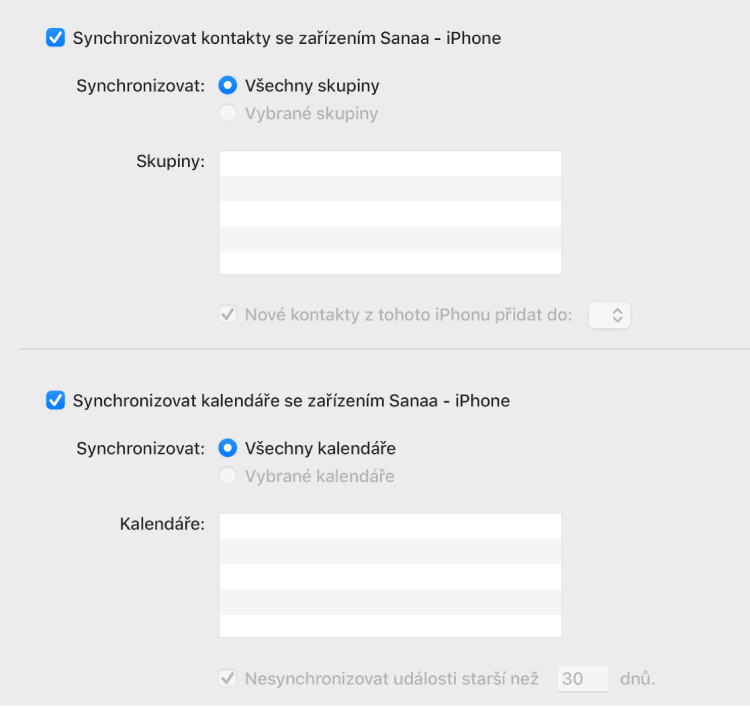 Volby pro synchronizaci informací se zaškrtávacími políčky „Synchronizovat kontakt se zařízením“ a „Synchronizovat kalendáře se zařízením“ a volby pro výběr skupin kontaktů a výběr kalendářů.