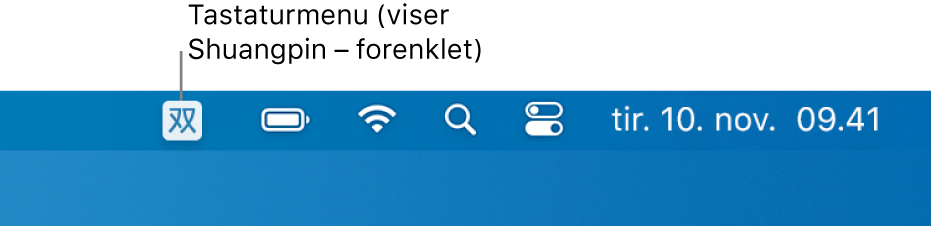 Den højre side af menulinjen. Symbolet for Tastaturmenuen vises og viser Shuangpin – forenklet.