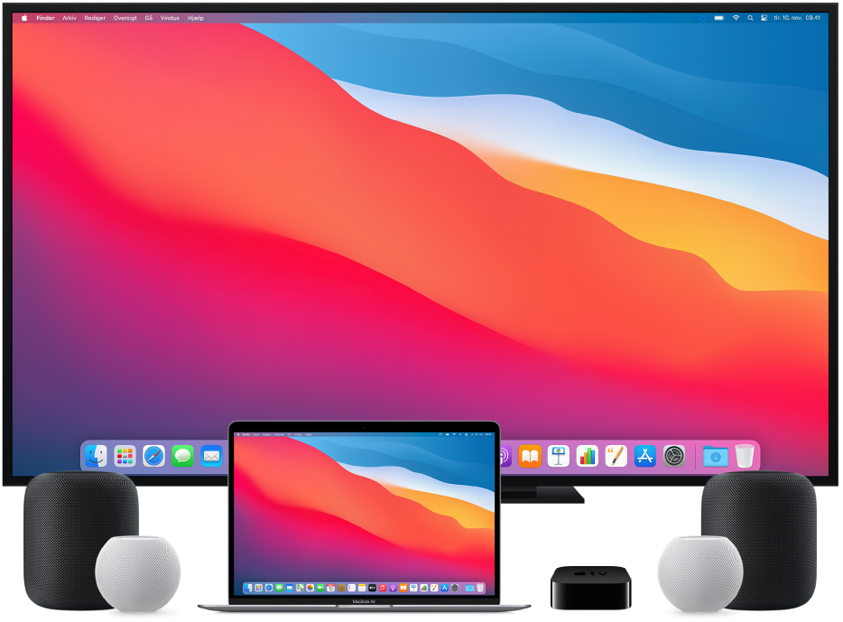 En Mac-computer og enheder, som den kan streame indhold til via AirPlay, f.eks. en Apple TV-enhed, en HomePod og HomePod-minihøjttalere og et smart-tv.