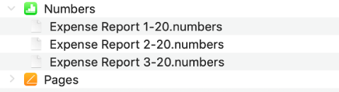 Programmet Numbers i vinduet Arkiver med infotrekanten valgt for at vise tre arkiver, der allerede er blevet synkroniseret til en enhed.