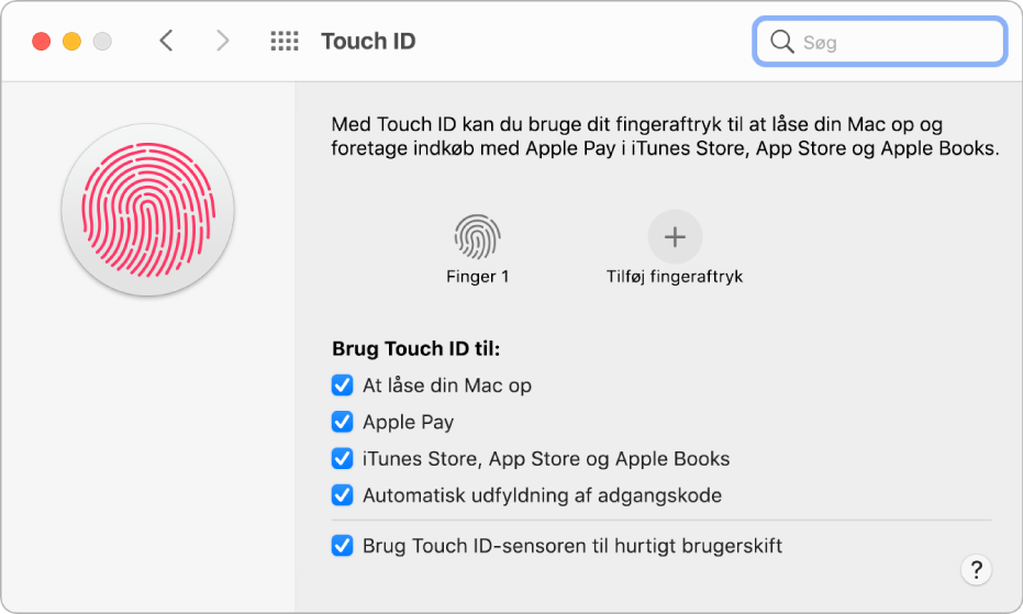 Vinduet Touch ID, der viser et fingeraftryk, der er klar og kan bruges til at låse Mac op.