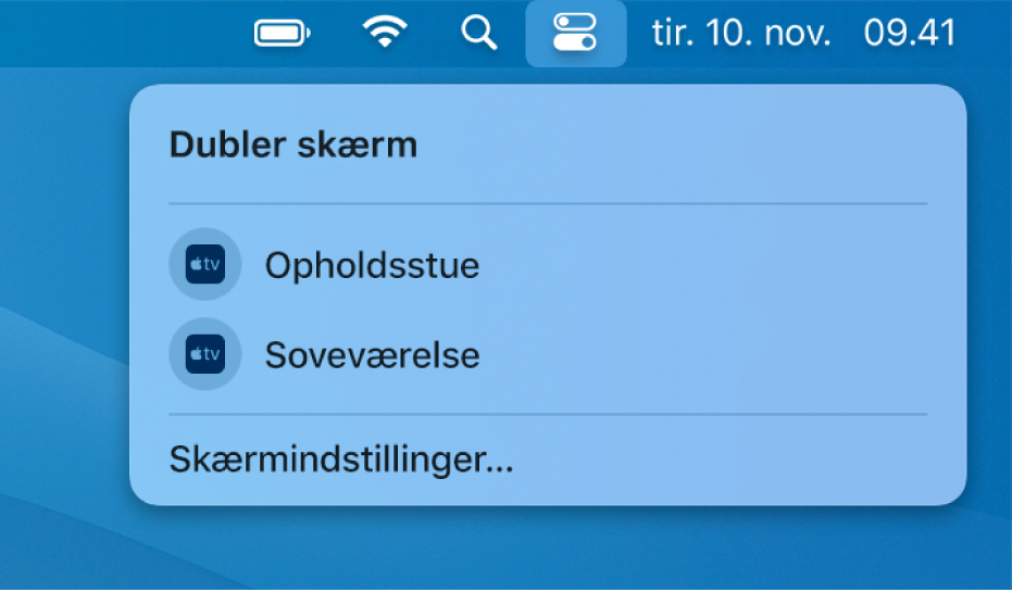 Muligheder til Skærmdublering, herunder Apple TV, på en liste i Kontrolcenter.