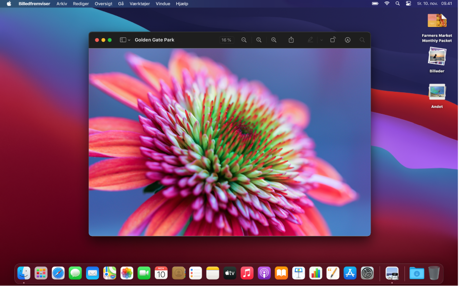 Skrivebordet med udseendet Mørk på en Mac, hvor et programvindue, Dock og menulinjen har et mørkt udseende.