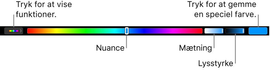 Touch Bar, der viser mærker til nuance, mætning og lysstyrke til HSB-funktionen. I venstre side ses knappen til visning af alle funktioner. I højre side ses knappen til at gemme en speciel farve.