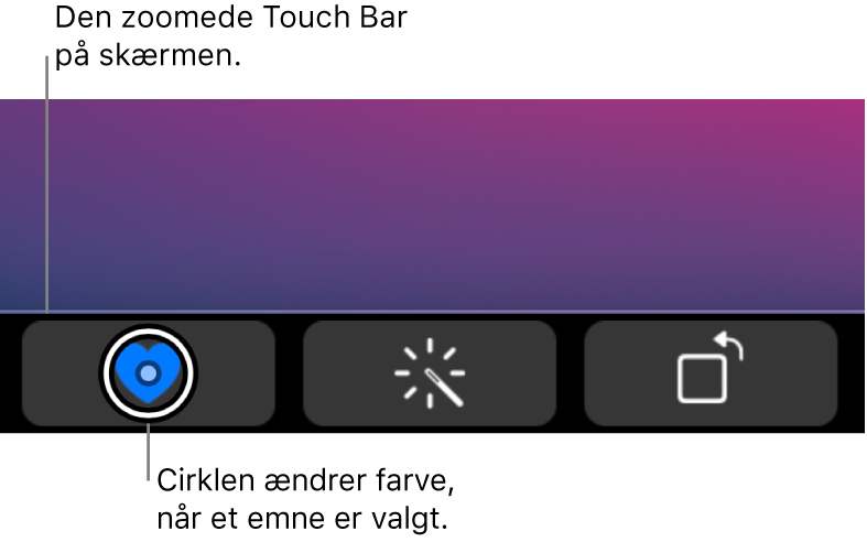 Den zoomede Touch Bar langs bunden af skærmen. Cirklen over en knap ændres, når knappen vælges.