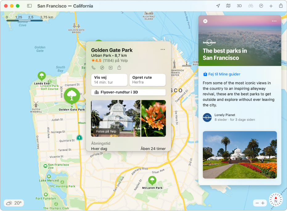 Et kort over San Francisco Bay Area med guider til populære seværdigheder.