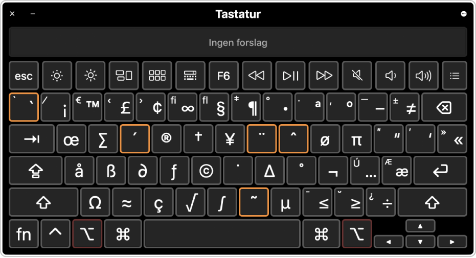 Tastaturfremviser med ABC-layoutet, der viser fem fremhævede døde taster