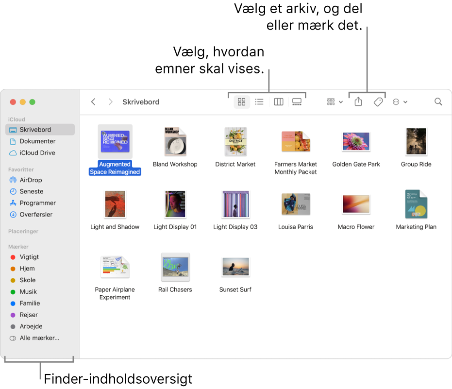 Et Findervindue med indholdsoversigten i Finder til venstre. Øverst i vinduet er der fire knapper, der ændrer den måde, emner vises på i vinduet, og ekstra knapper til at organisere og dele emner.
