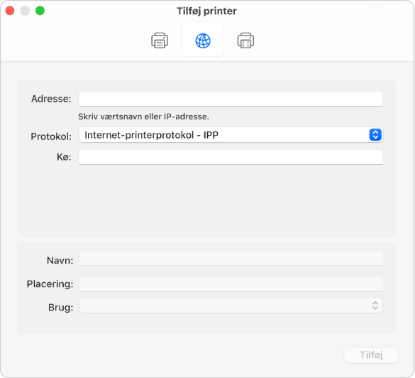 Dialogen Tilføj printer, der viser IP-indstillingerne til indstilling af en printer med IP-protokollen.