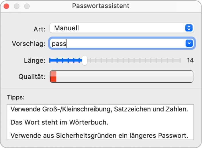 Fenster des Passwortassistenten mit Optionen für das Erstellen eines Passworts
