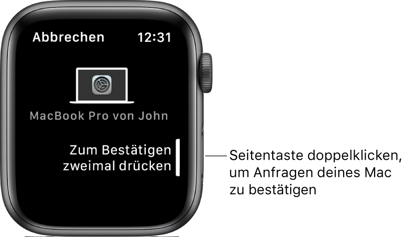 Die Apple Watch zeigt eine Bestätigungsanfrage von einem MacBook Pro an.