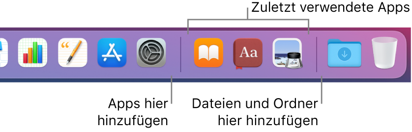 Ein Teil des Docks mit einer Trennlinie zwischen Apps, zuletzt verwendeten Apps sowie Dateien und Ordnern