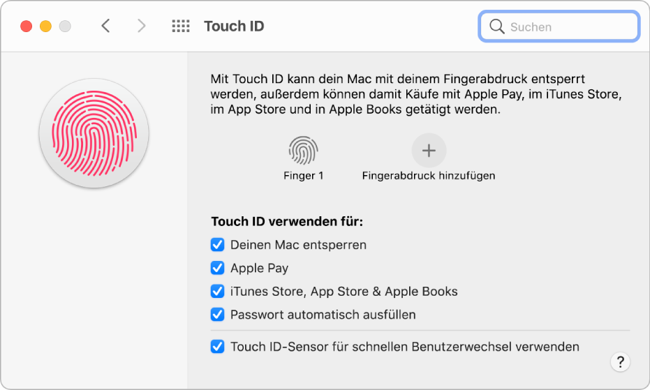 Die Systemeinstellung „Touch ID“ zeigt, dass ein Fingerabdruck erstellt wurde, der nun zum Entsperren des Mac verwendet werden kann.