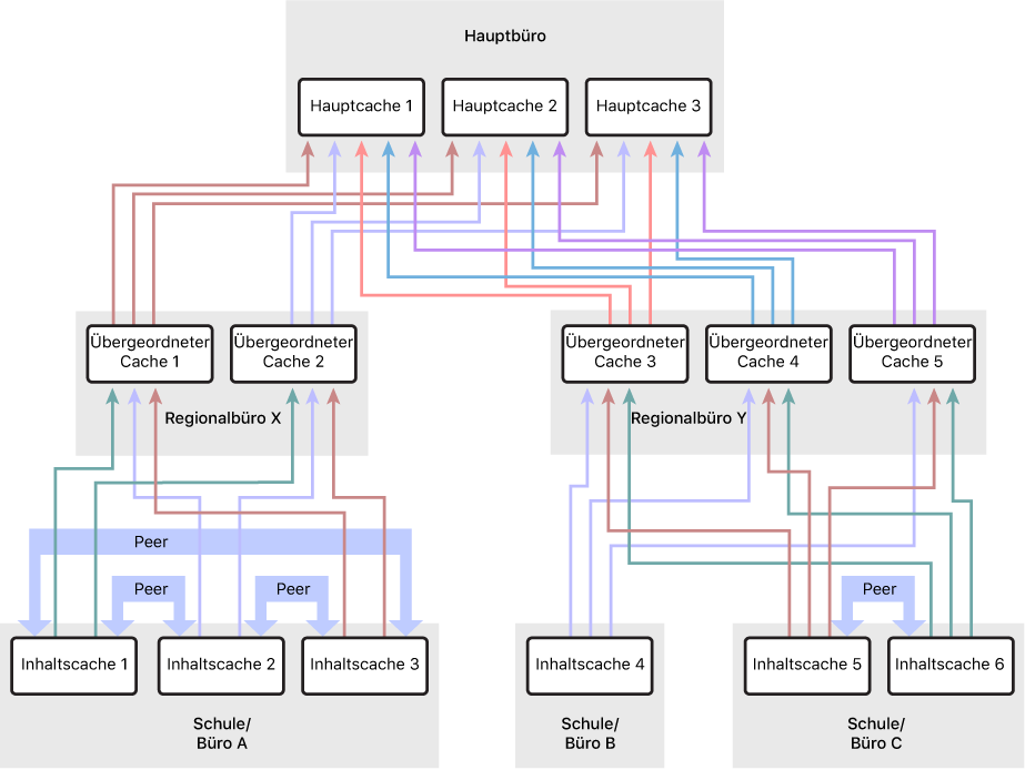 Ein Netzwerk mit mehreren Inhaltscaches in einer dreistufigen Hierarchie bestehend aus übergeordneten Inhaltscaches und Hauptcaches. Nur für die Inhaltscaches auf der untersten Stufe der Hierarchie sind Peers definiert.