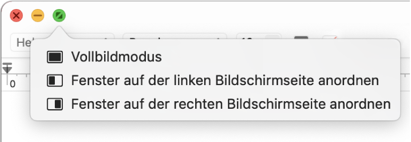 Das Menü, das eingeblendet wird, wenn du den Zeiger über die grüne Taste oben links im Fenster bewegst. Zu den Menübefehlen gehören von oben nach unten: Vollbildmodus, Fenster auf der linken Bildschirmseite anordnen, Fenster auf der rechten Bildschirmseite anordnen.