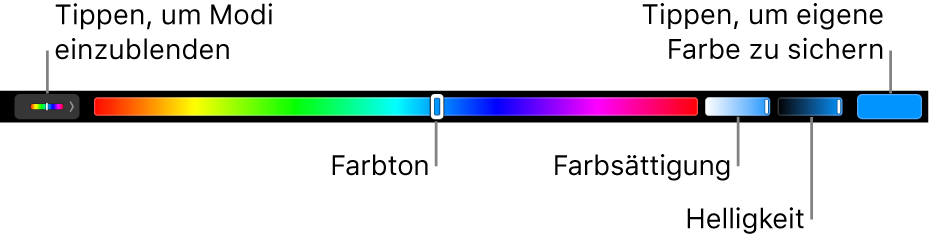 Die Touch Bar mit Schiebereglern für Farbton, Sättigung und Helligkeit für den HSB-Modus Links befindet sich die Taste zum Anzeigen aller Modi, rechts die Taste zum Sichern einer eigenen Farbe