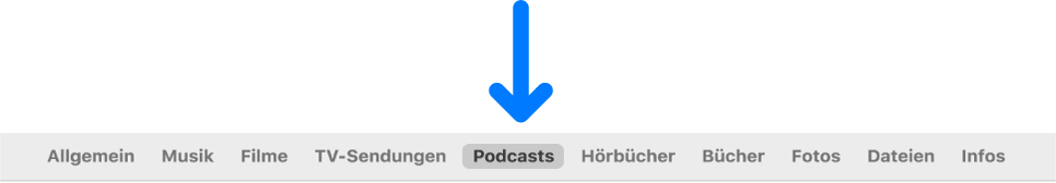 Die Symbolleiste mit der ausgewählten Taste „Podcasts“