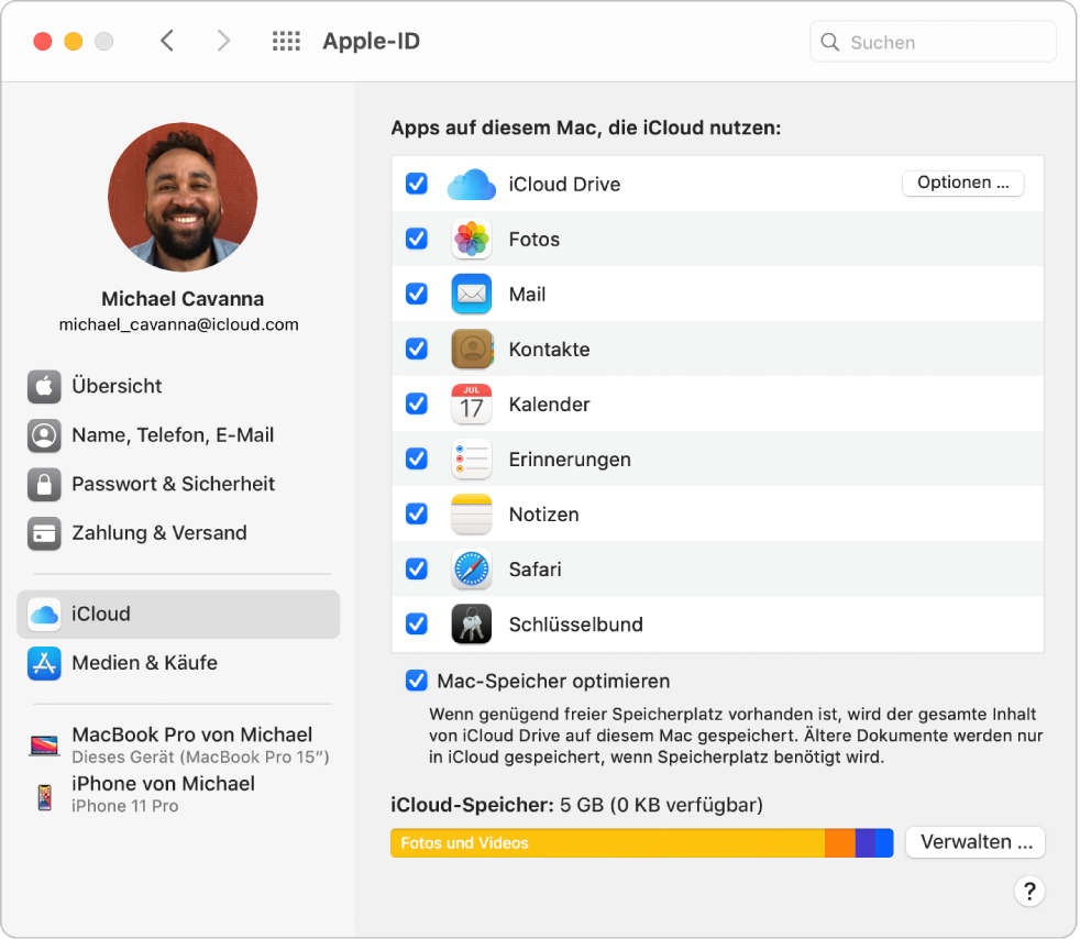 Systemeinstellung „Apple-ID“ mit einer Seitenleiste der verschiedenen Typen von Accountoptionen, die du verwenden kannst, und Einstellungen unter „iCloud“ eines vorhandenen Accounts