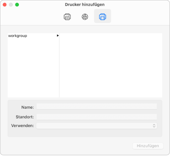 Das Fenster „Hinzufügen“ mit dem ausgewählten Taste „Windows“ und Optionen zum Auswählen einer Arbeitsgruppe, Feldern zum Eingeben eines Druckernamens und -standorts und dem Einblendmenü „Verwenden“ zum Auswählen des Druckertyps.