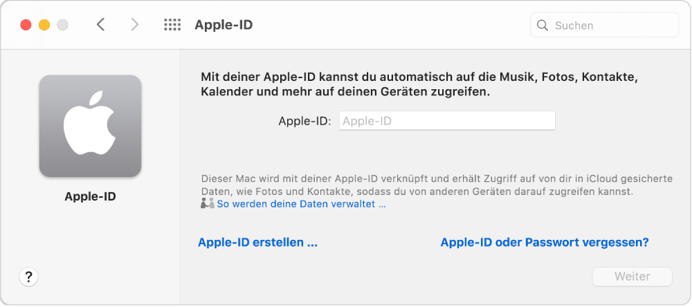 Apple-ID-Anmeldefenster, in dem du Name und Passwort einer Apple-ID eingeben kannst.