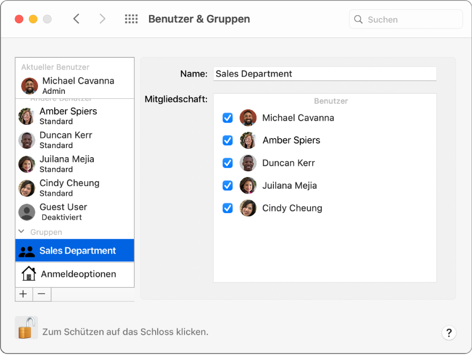 Die Systemeinstellung „Benutzer & Gruppen“ mit einer links ausgewählten Gruppe sowie dem Namen der Gruppe und ihren Mitgliedern rechts.