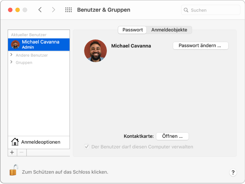 Systemeinstellung „Benutzer & Gruppen“ mit einem ausgewählten Benutzer in der Benutzerliste. Der Tab „Passwort“, der Tab „Anmeldeobjekte“ und die Taste „Passwort ändern“ befinden sich auf der rechten Seite.