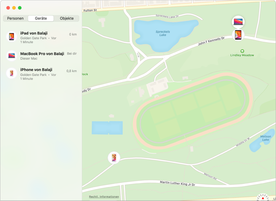 Die App „Wo ist?“ zeigt eine Liste der Geräte in der Seitenleiste und rechts eine Karte mit deren Standorten.