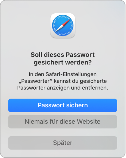 Ein Safari-Dialogfenster fragt, ob das Passwort für eine Website gesichert werden soll.