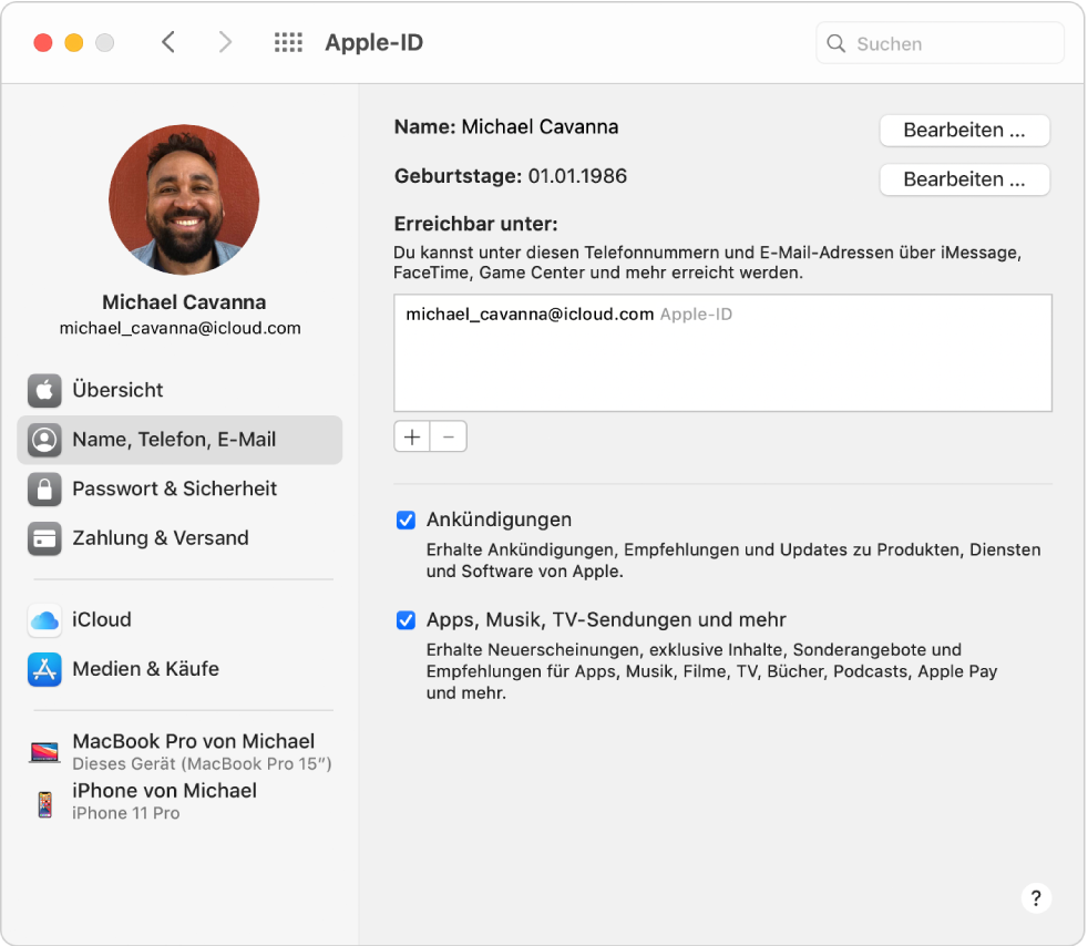 Systemeinstellung „Apple-ID“ mit einer Seitenleiste der verschiedenen Typen von Accountoptionen, die du verwenden kannst, und Einstellungen für Name, Telefon, E-Mail eines vorhandenen Accounts