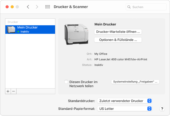 Die Systemeinstellung „Drucker & Scanner“ enthält Optionen zum Einrichten eines Druckers und eine Druckerliste mit Tasten zum Hinzufügen und Entfernen von Druckern unten.